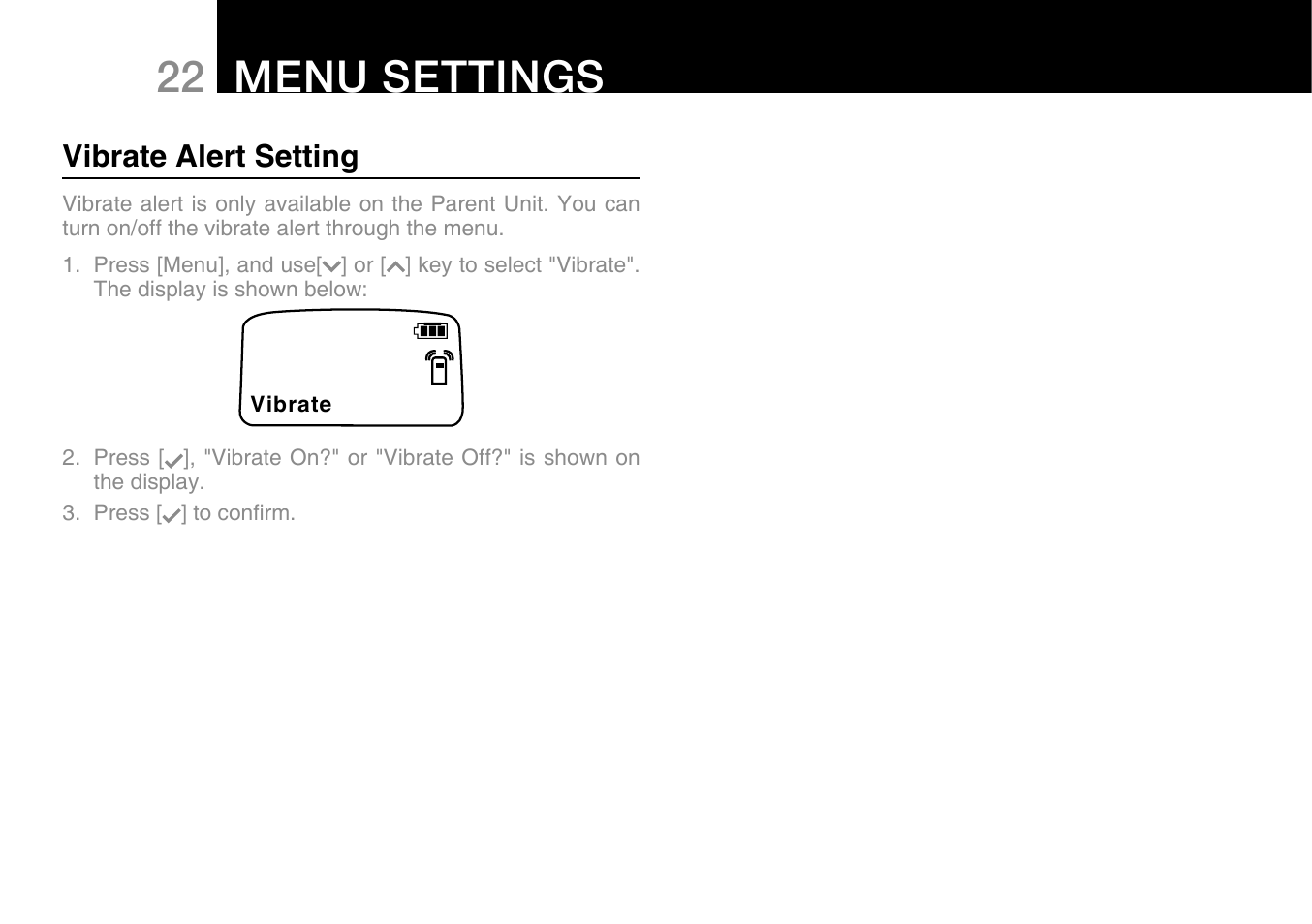 22 menu settings | Oricom Secure 500 User Manual | Page 24 / 28