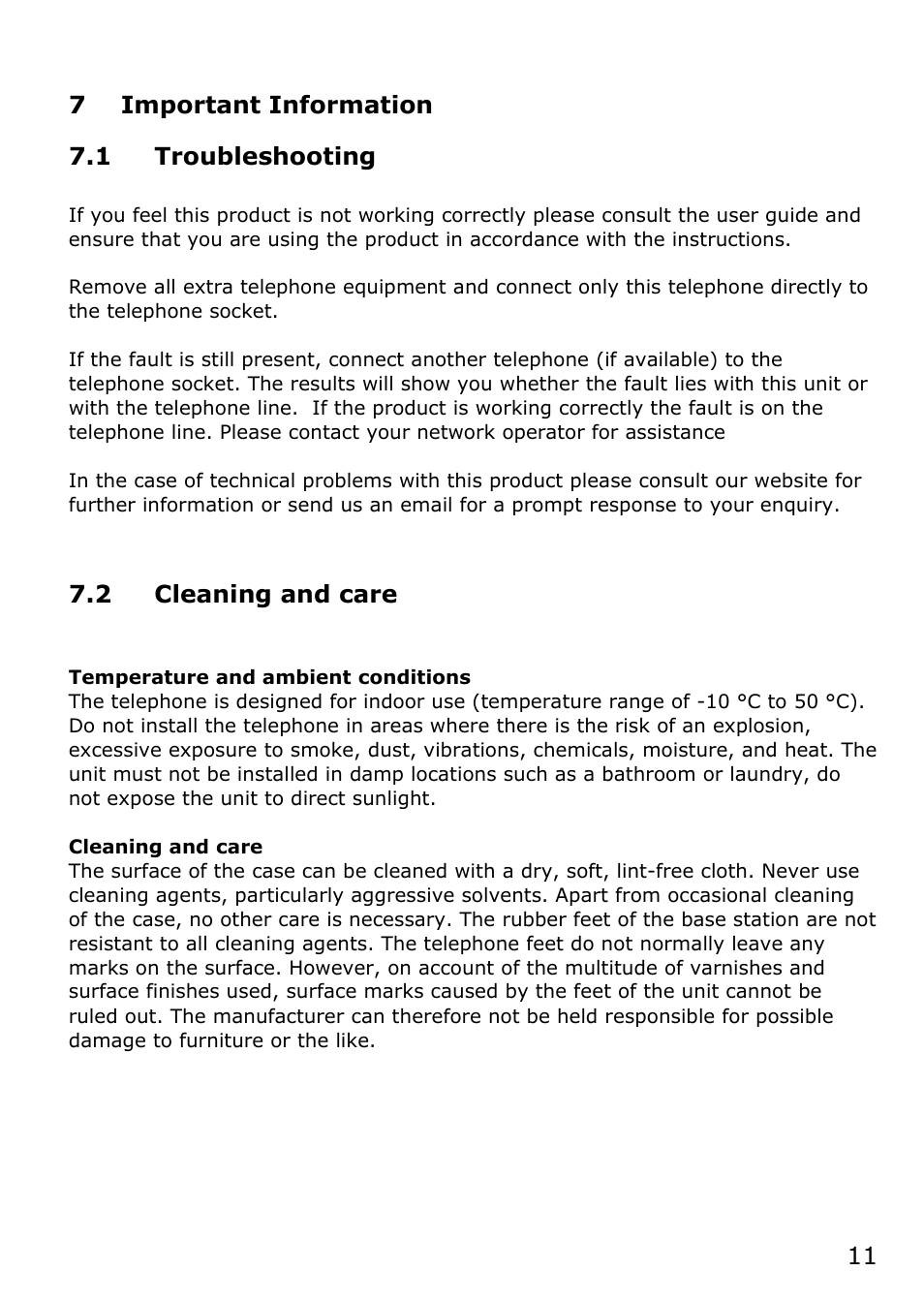 7 important information, 1 troubleshooting, 2 cleaning and care | Oricom TCR10 User Manual | Page 11 / 12