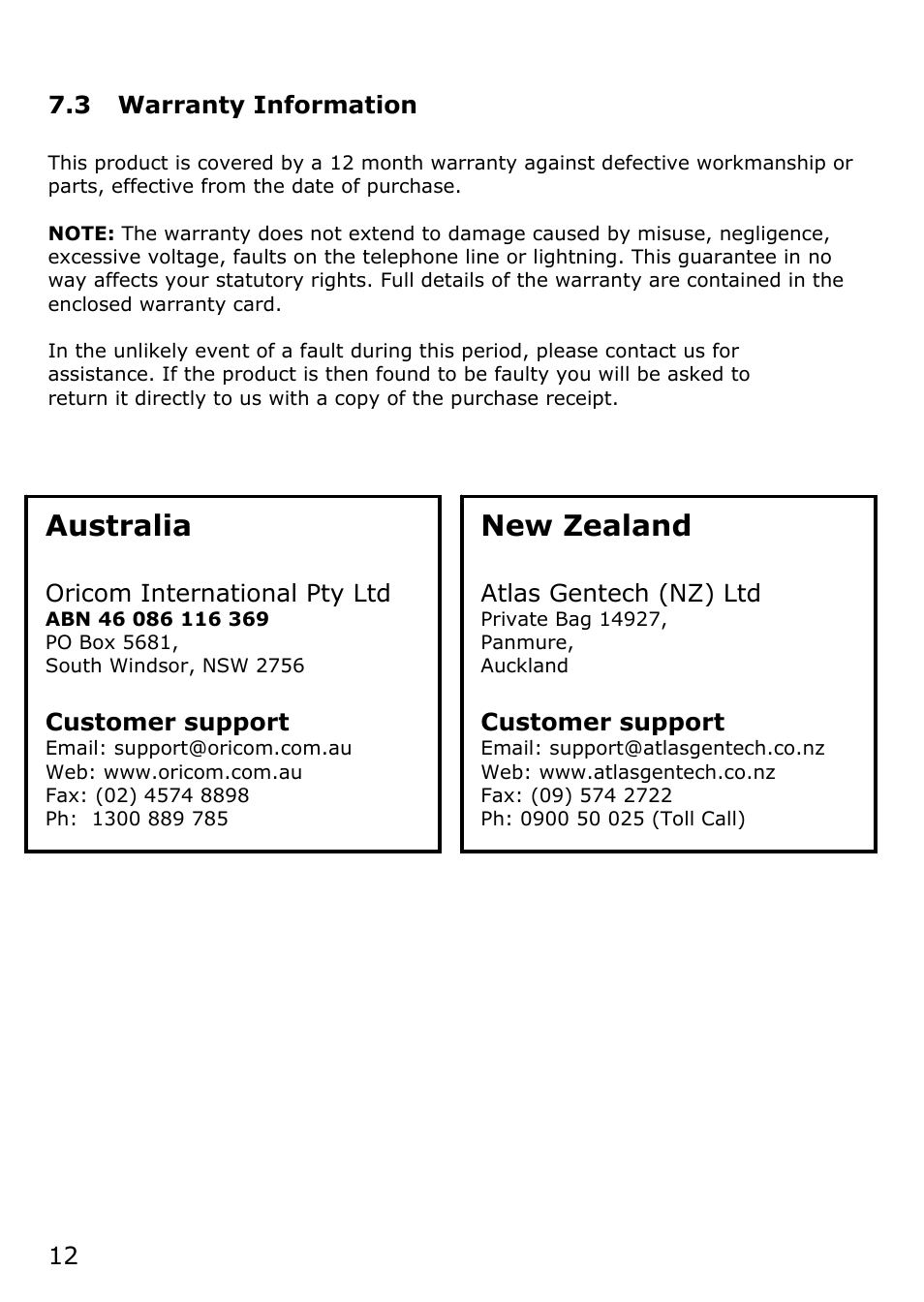 3 warranty information, Australia new zealand | Oricom TCR10 User Manual | Page 12 / 12