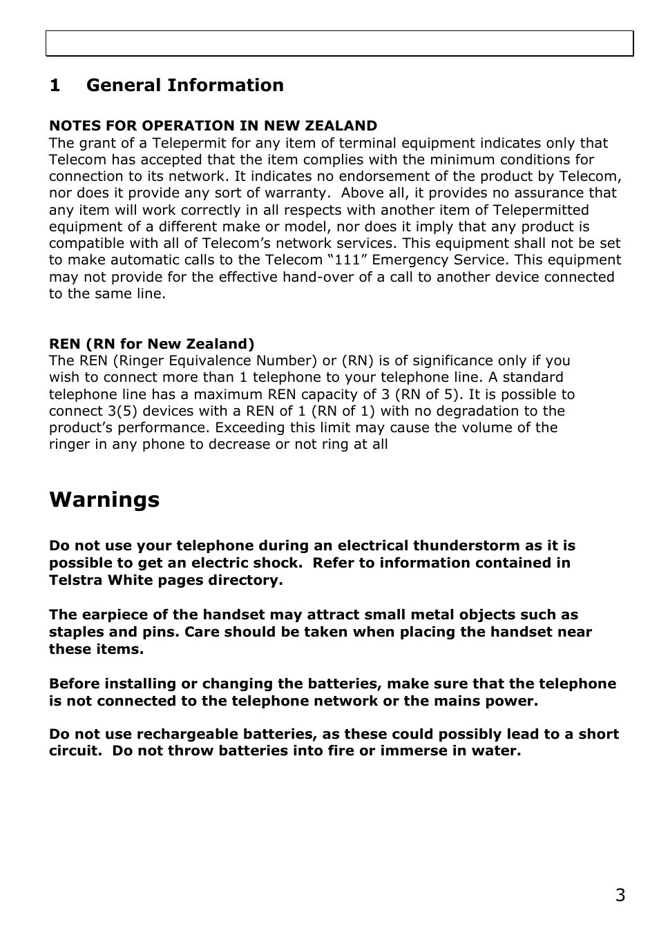 1 general information, Warnings | Oricom TCR10 User Manual | Page 3 / 12