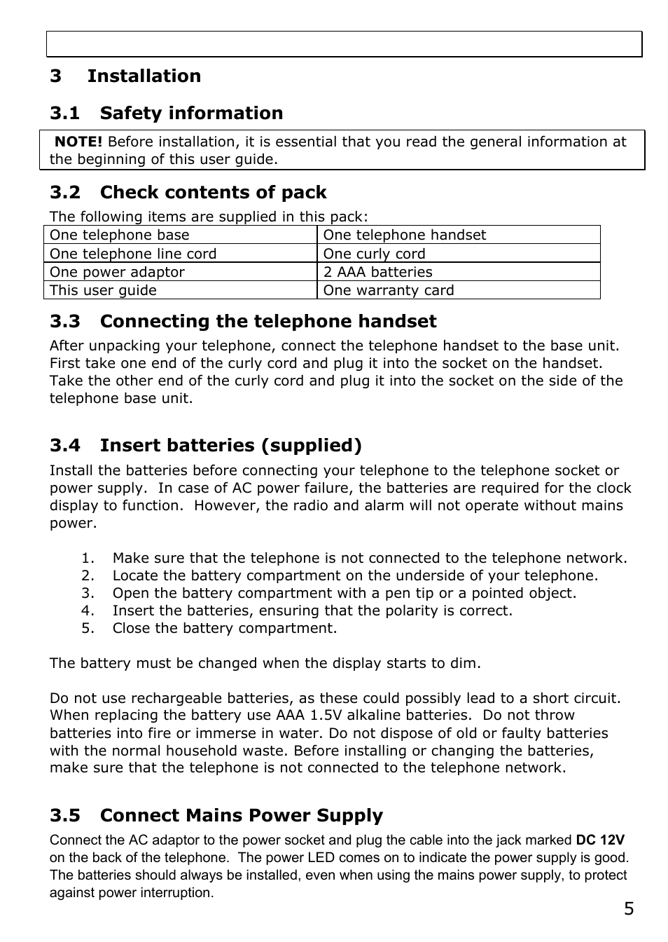 3 installation, 1 safety information, 2 check contents of pack | 3 connecting the telephone handset, 4 insert batteries (supplied), 5 connect mains power supply | Oricom TCR10 User Manual | Page 5 / 12