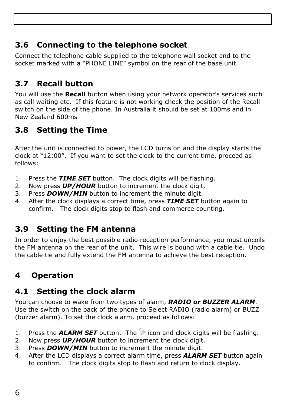 6 connecting to the telephone socket, 7 recall button, 8 setting the time | 9 setting the fm antenna, 4 operation, 1 setting the clock alarm | Oricom TCR10 User Manual | Page 6 / 12