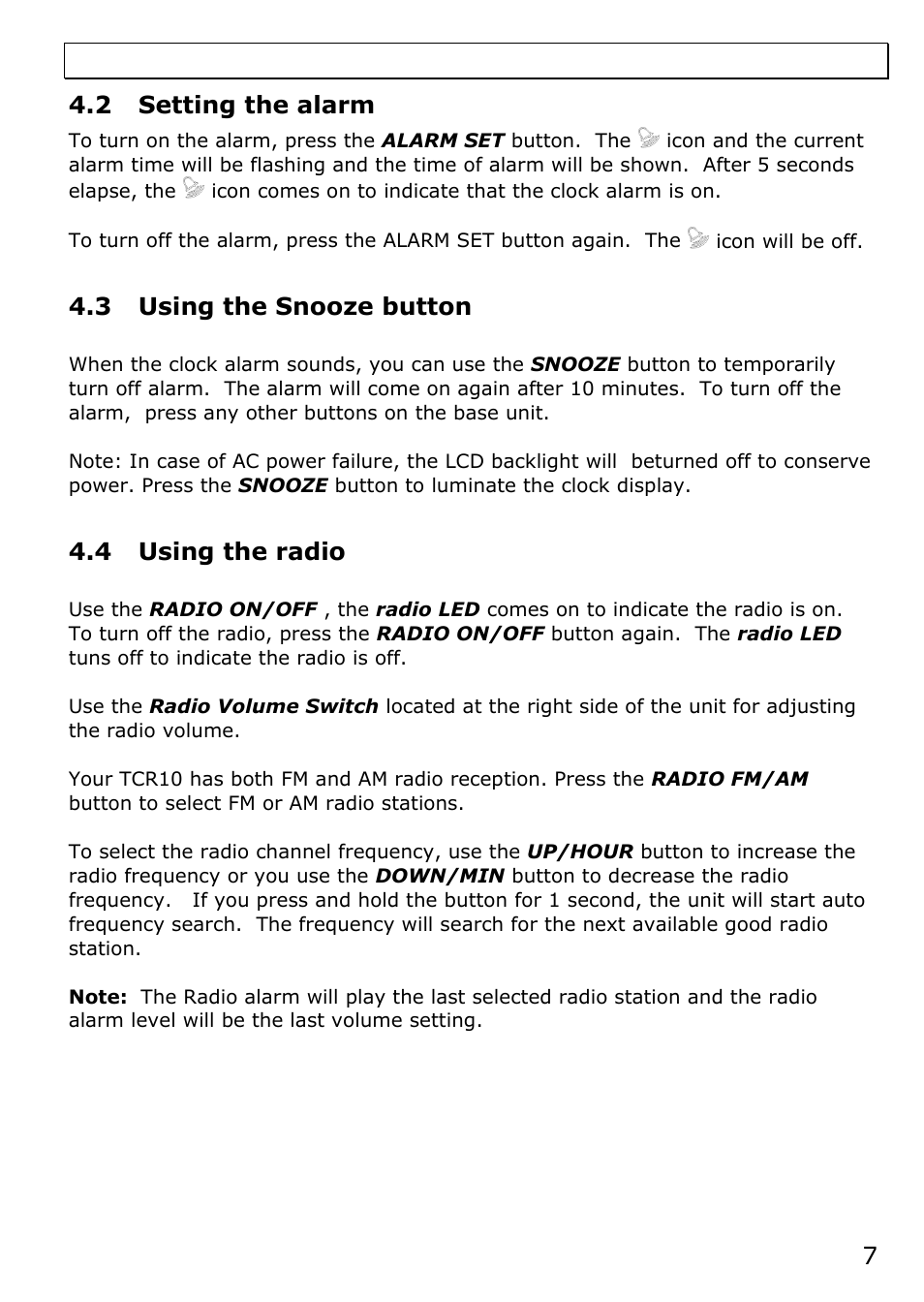 2 setting the alarm, 3 using the snooze button, 4 using the radio | Oricom TCR10 User Manual | Page 7 / 12