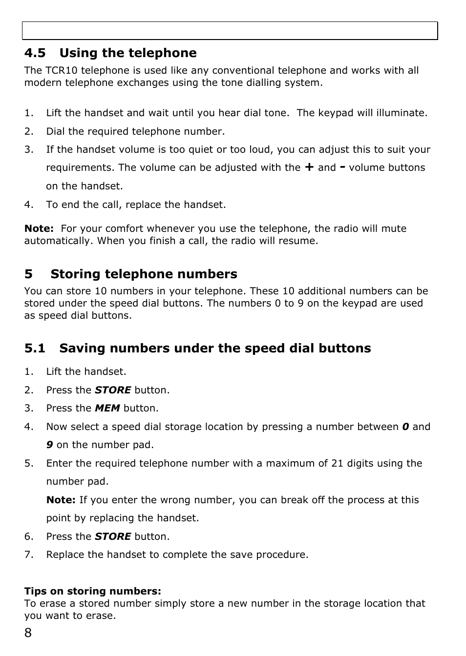 5 using the telephone, 5 storing telephone numbers, 1 saving numbers under the speed dial buttons | Oricom TCR10 User Manual | Page 8 / 12