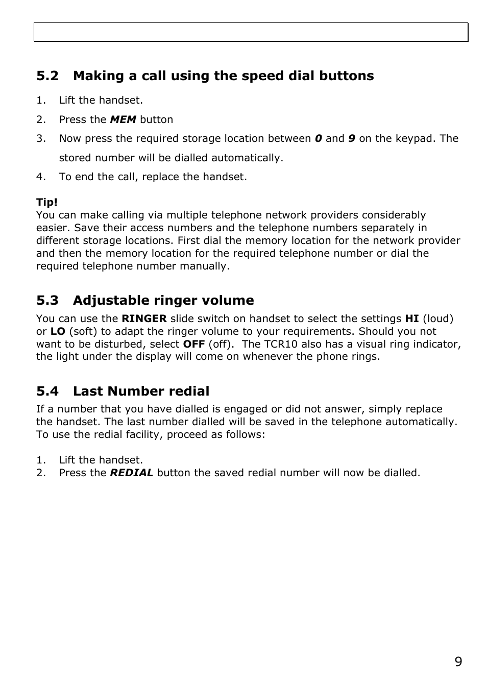 2 making a call using the speed dial buttons, 3 adjustable ringer volume, 4 last number redial | Oricom TCR10 User Manual | Page 9 / 12