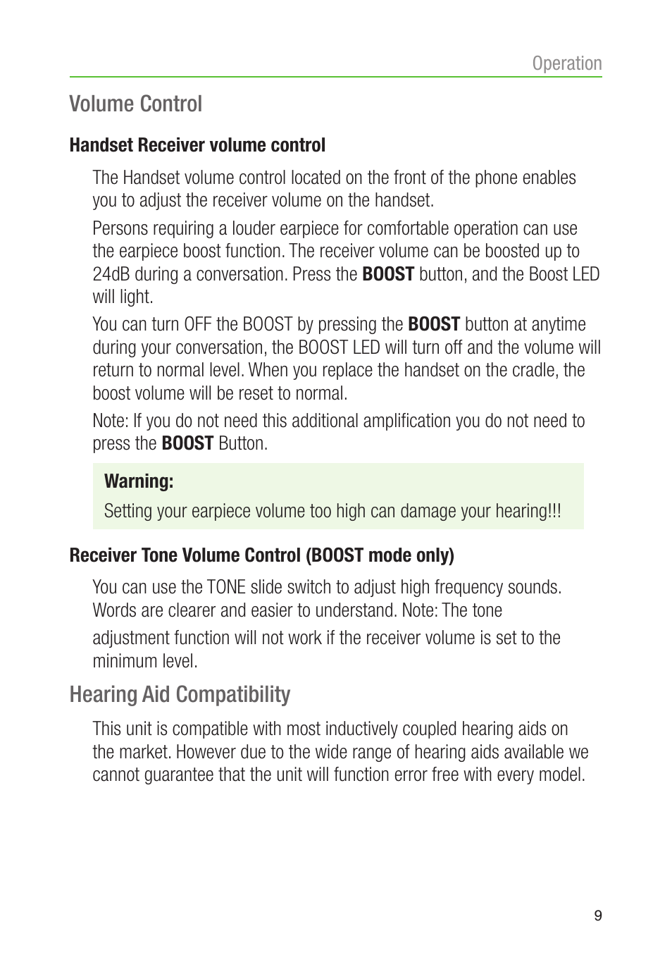 Volume control, Hearing aid compatibility | Oricom CARE90 User Manual | Page 11 / 20