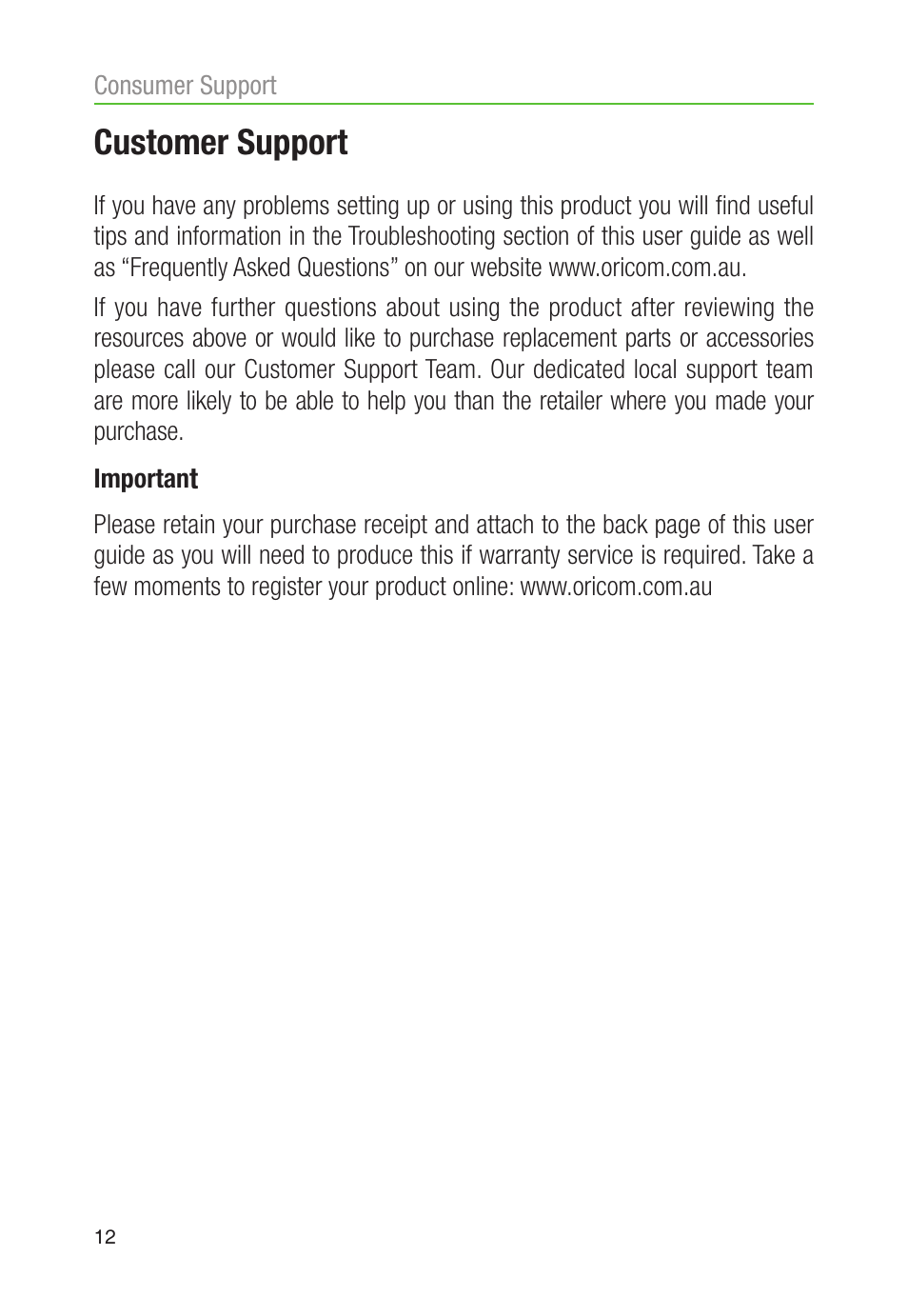 Customer support | Oricom CARE90 User Manual | Page 14 / 20