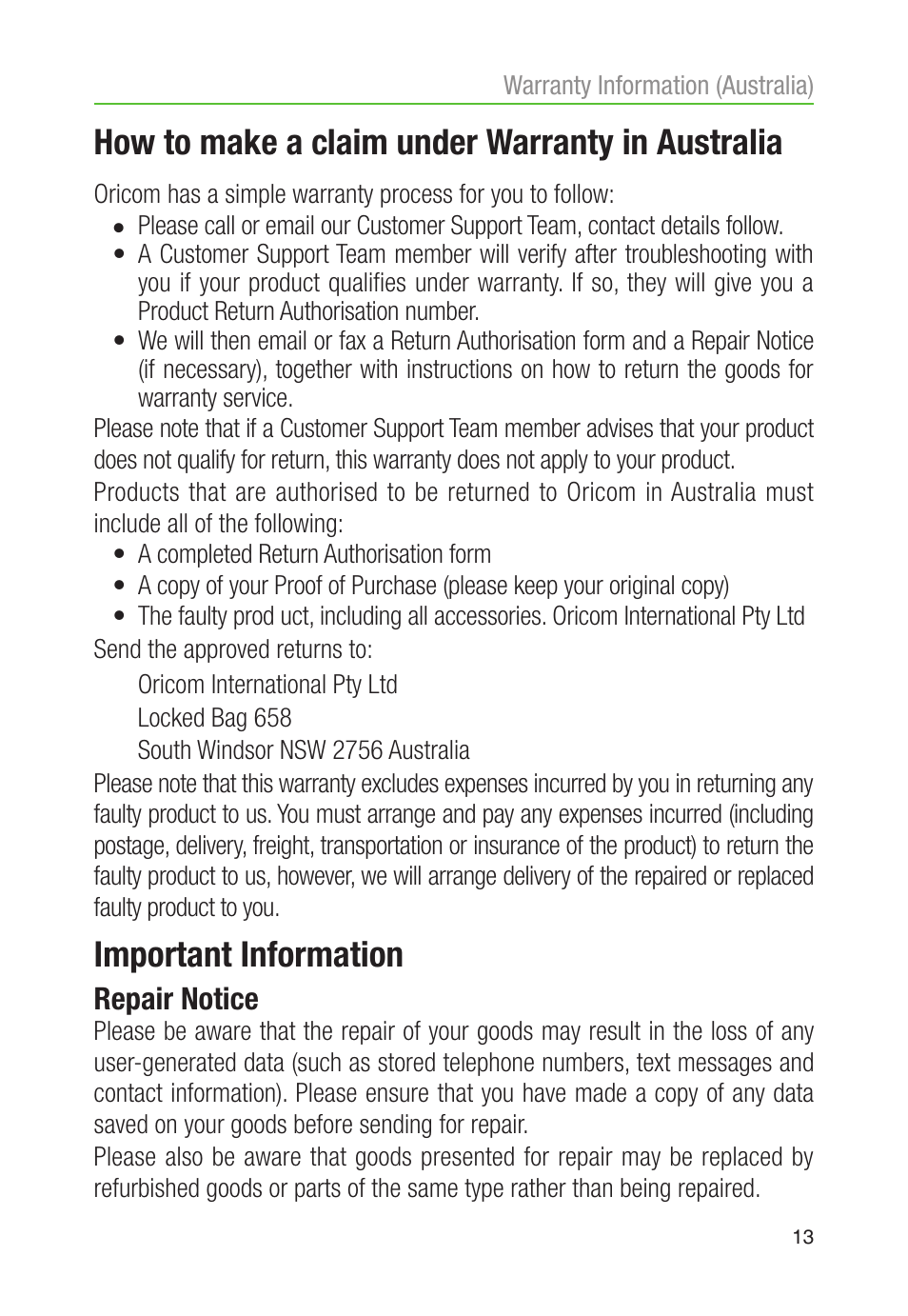 How to make a claim under warranty in australia, Important information, Repair notice | Oricom CARE90 User Manual | Page 15 / 20
