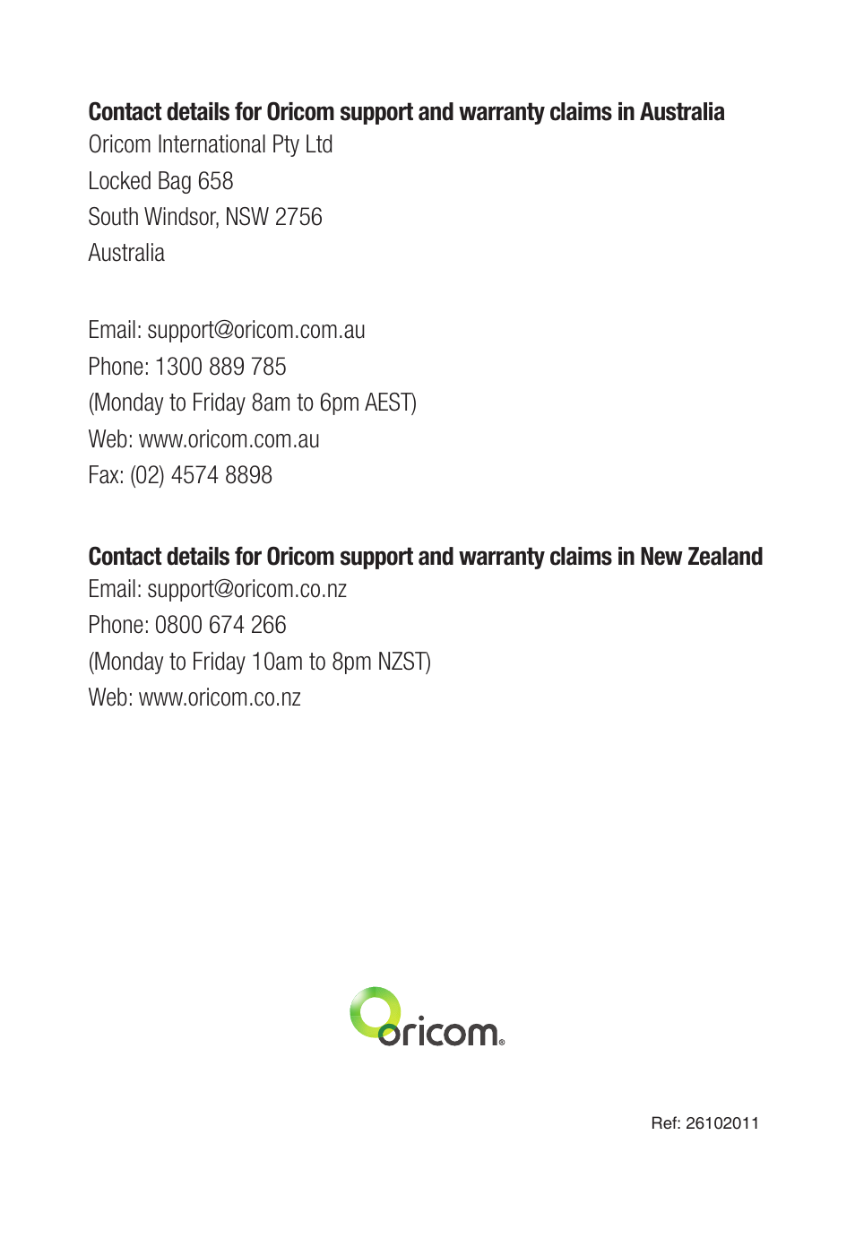 Oricom CARE90 User Manual | Page 20 / 20