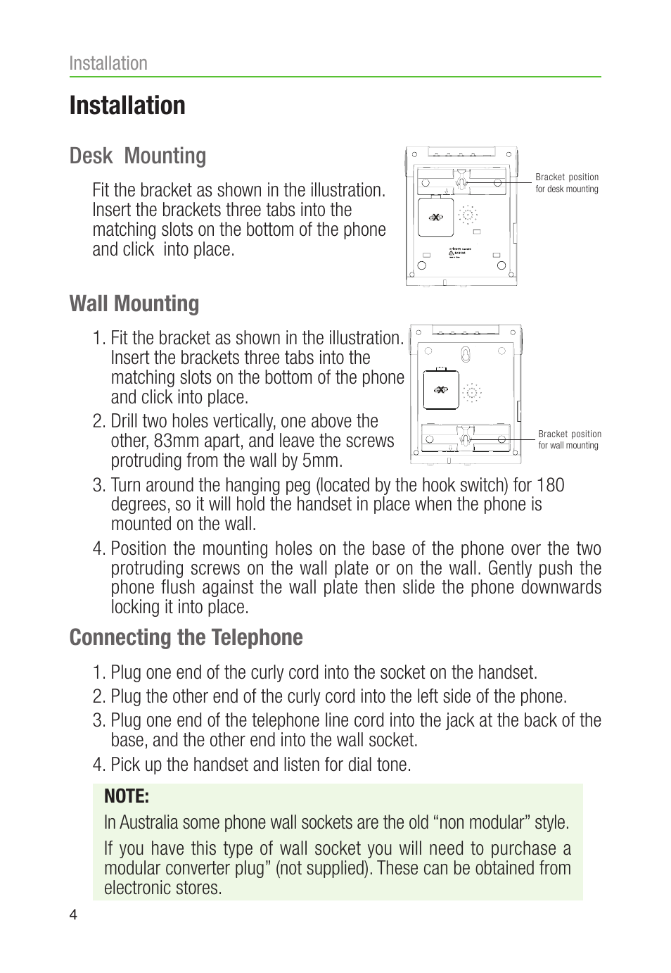 Installation, Desk mounting, Wall mounting | Connecting the telephone | Oricom CARE90 User Manual | Page 6 / 20
