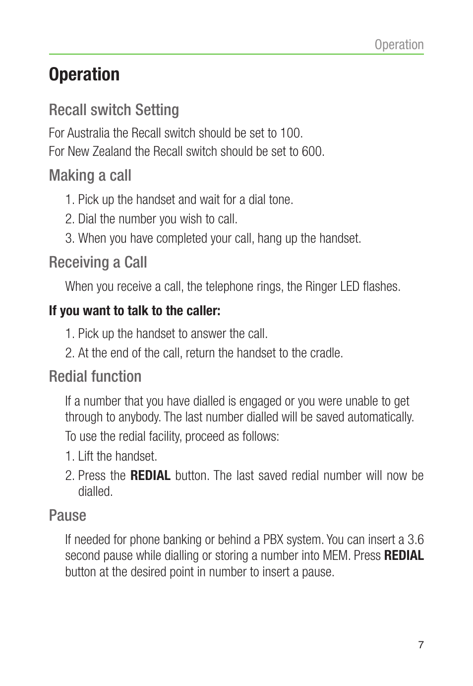 Operation, Recall switch setting, Making a call | Receiving a call, Redial function, Pause | Oricom CARE90 User Manual | Page 9 / 20