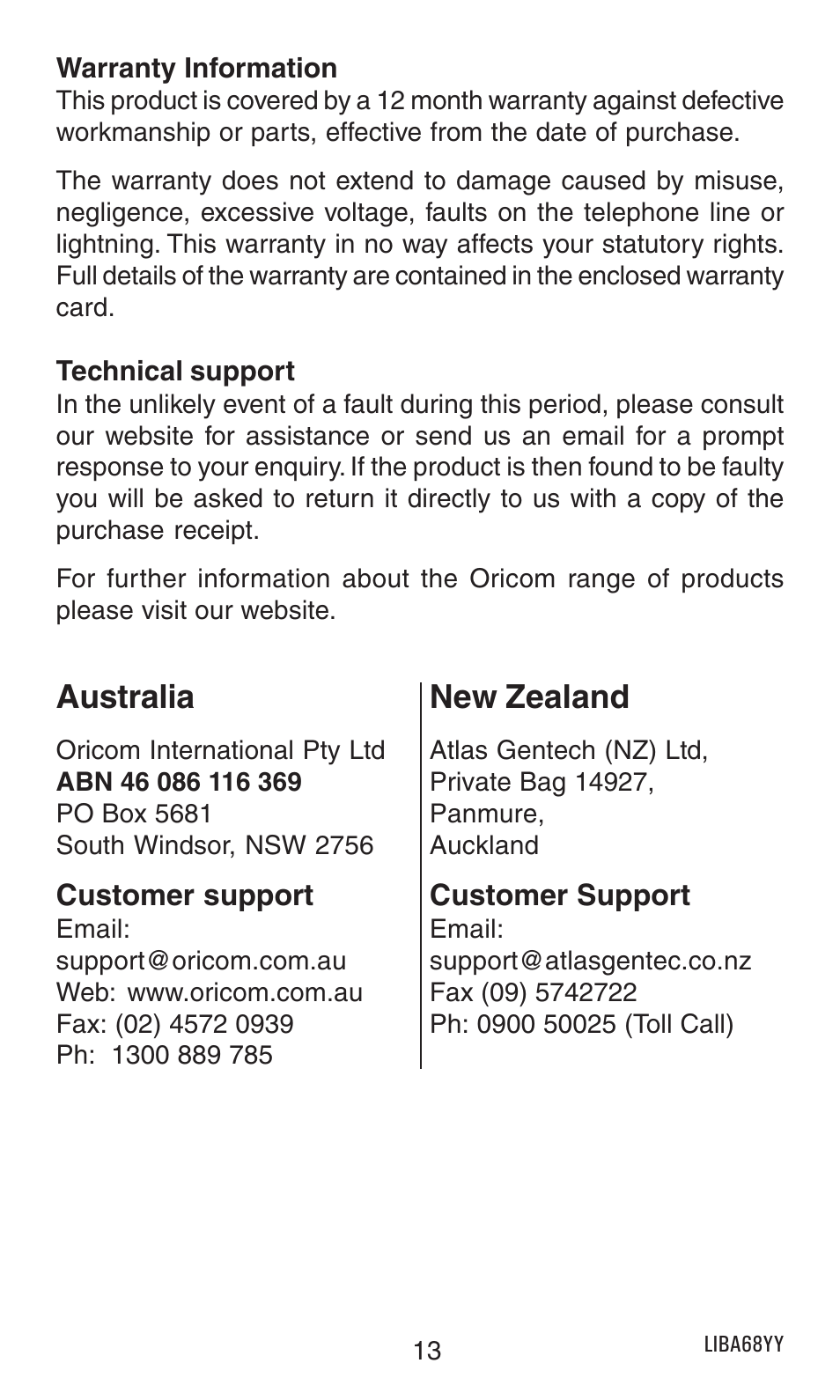 Australia, New zealand | Oricom AM100 User Manual | Page 14 / 14
