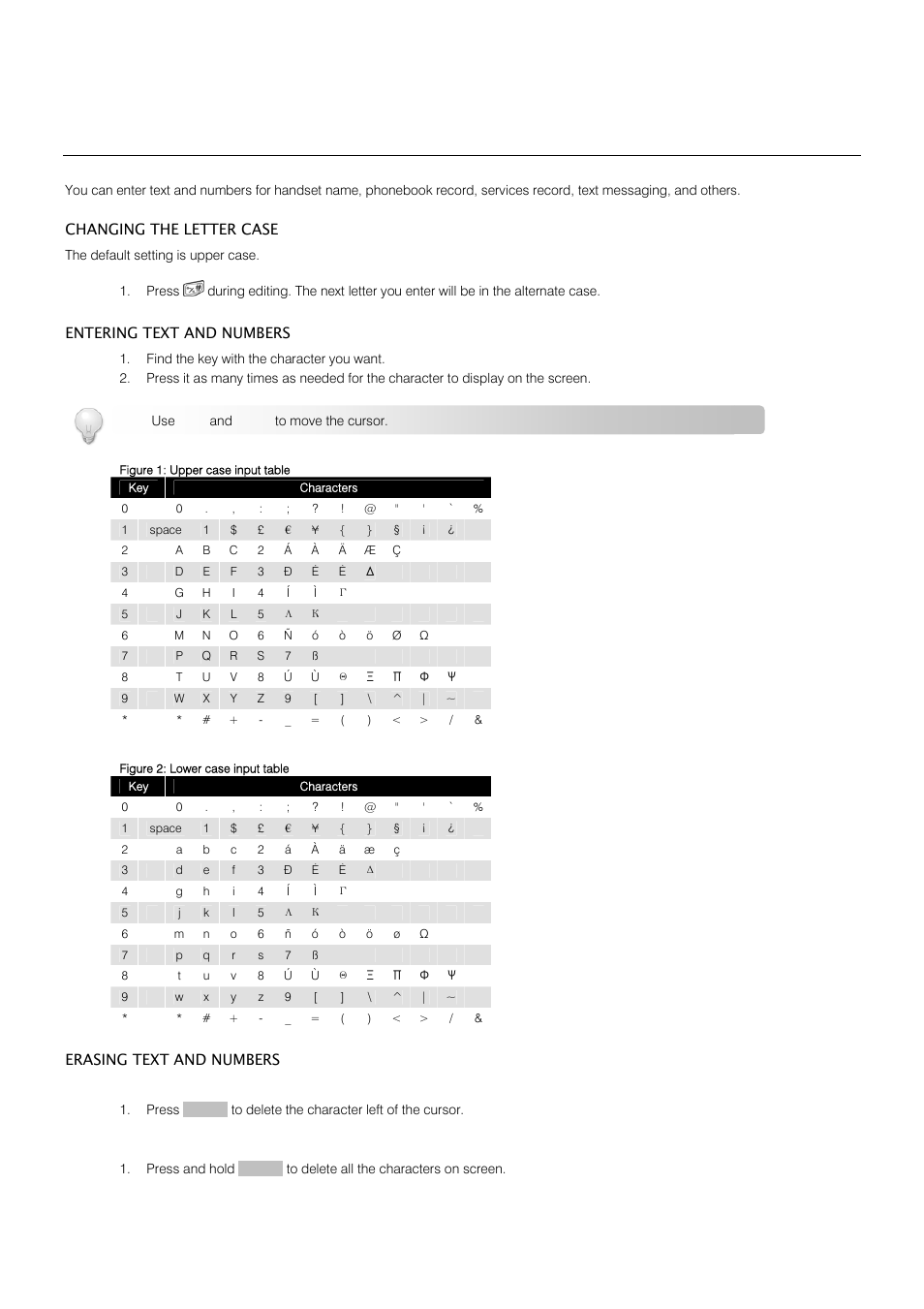 Text and numbers, Erasing a single character, Erasing all characters | Oricom S209 User Manual | Page 22 / 54