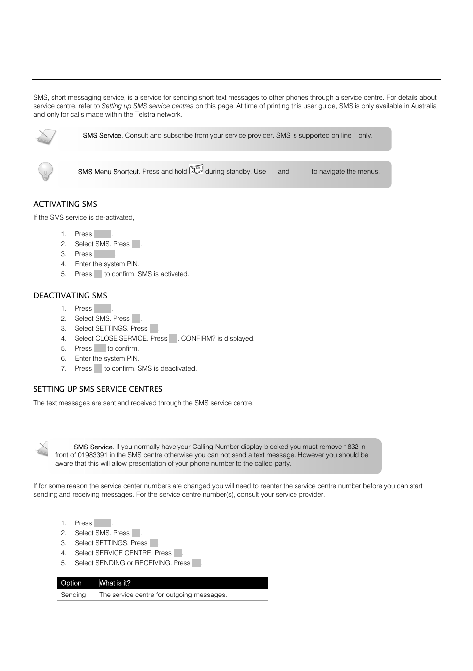 Sms text messaging (australia only) | Oricom S209 User Manual | Page 23 / 54