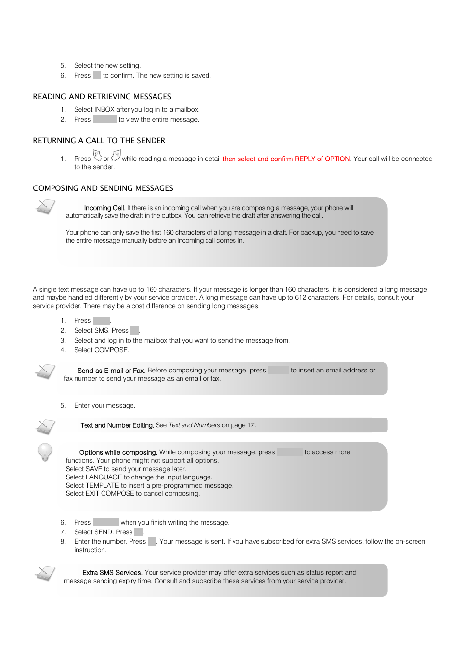 Sms text messaging | Oricom S209 User Manual | Page 27 / 54