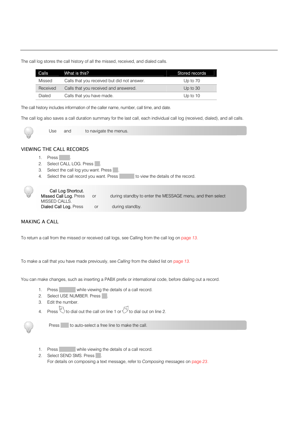 Call log | Oricom S209 User Manual | Page 35 / 54