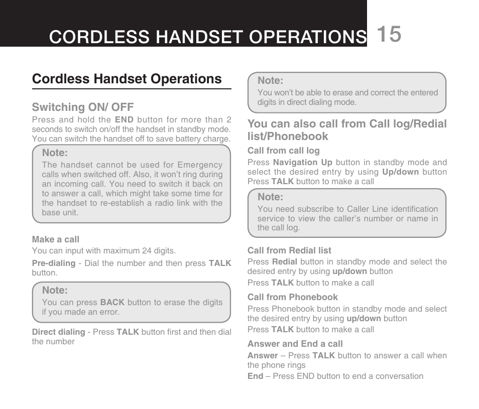Corede base lcd layout cordless handset operations, Cordless handset operations, Switching on/ off | Oricom DECT ECO7100-1 User Manual | Page 17 / 44