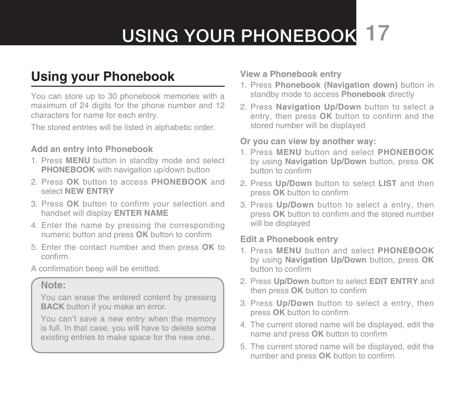 Using your phonebook cordless handset operations, Using your phonebook | Oricom DECT ECO7100-1 User Manual | Page 19 / 44