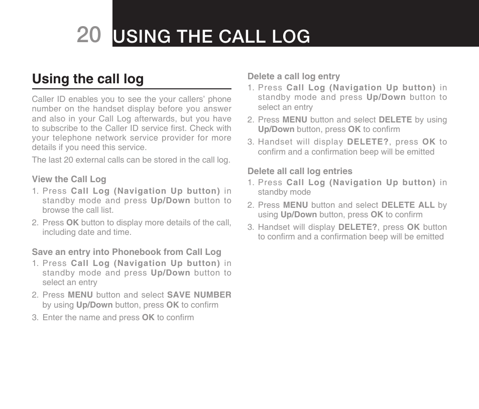 Using the call log | Oricom DECT ECO7100-1 User Manual | Page 22 / 44