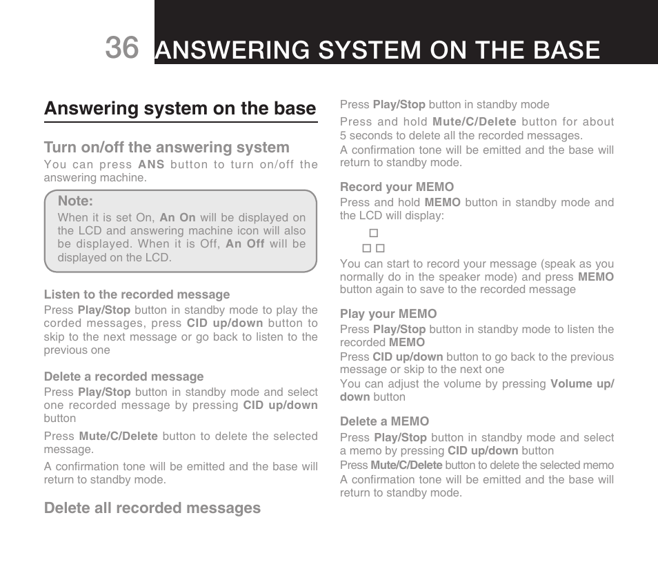 Answering system on the base, Turn on/off the answering system, Delete all recorded messages | Oricom DECT ECO7100-1 User Manual | Page 38 / 44