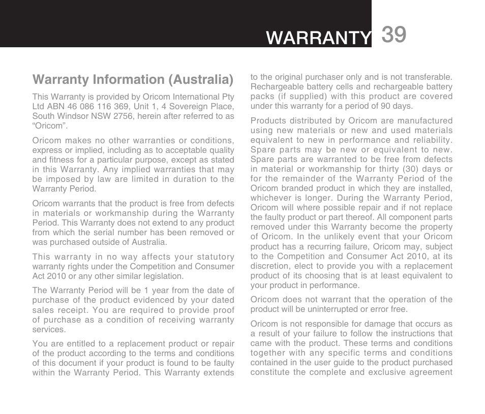 Warranty, Warranty information (australia) | Oricom DECT ECO7100-1 User Manual | Page 41 / 44