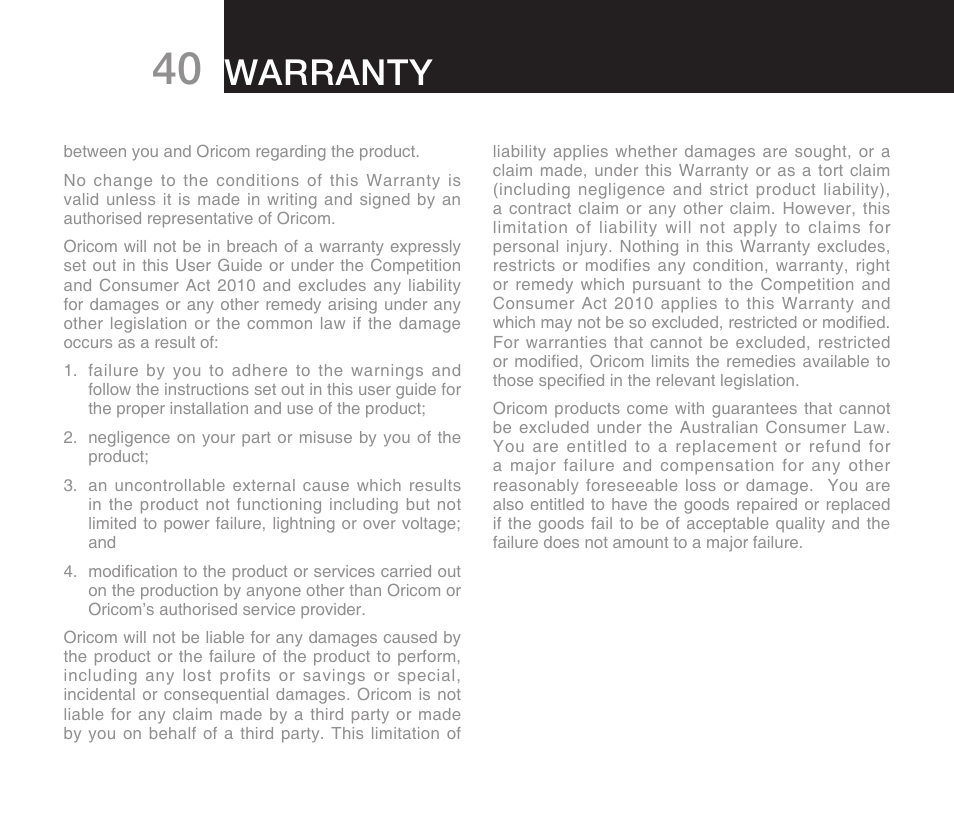 Warranty | Oricom DECT ECO7100-1 User Manual | Page 42 / 44