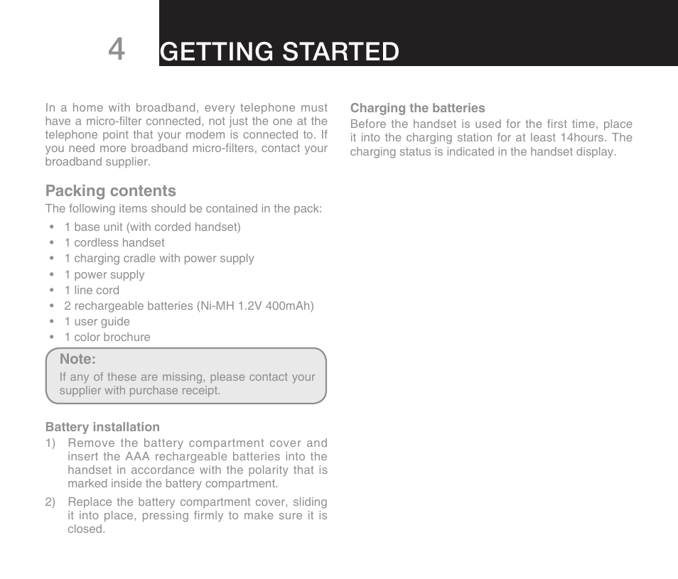 Getting started, Packing contents | Oricom DECT ECO7100-1 User Manual | Page 6 / 44