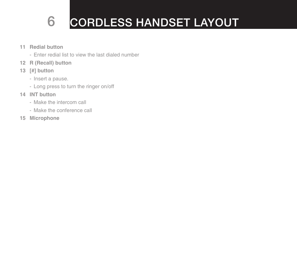 Pack contents 6, Cordless handset layout | Oricom DECT ECO7100-1 User Manual | Page 8 / 44