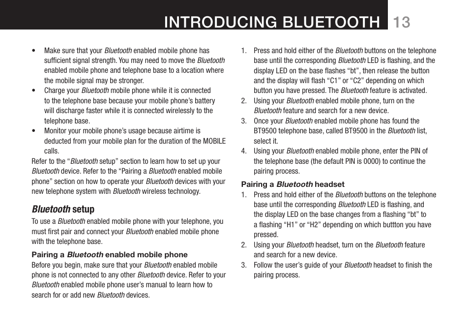 Introducing bluetooth, Bluetooth setup | Oricom DECT BT9500 User Manual | Page 15 / 44