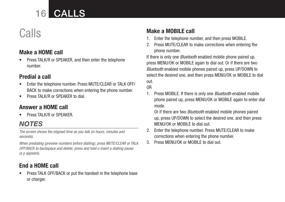 Calls | Oricom DECT BT9500 User Manual | Page 18 / 44