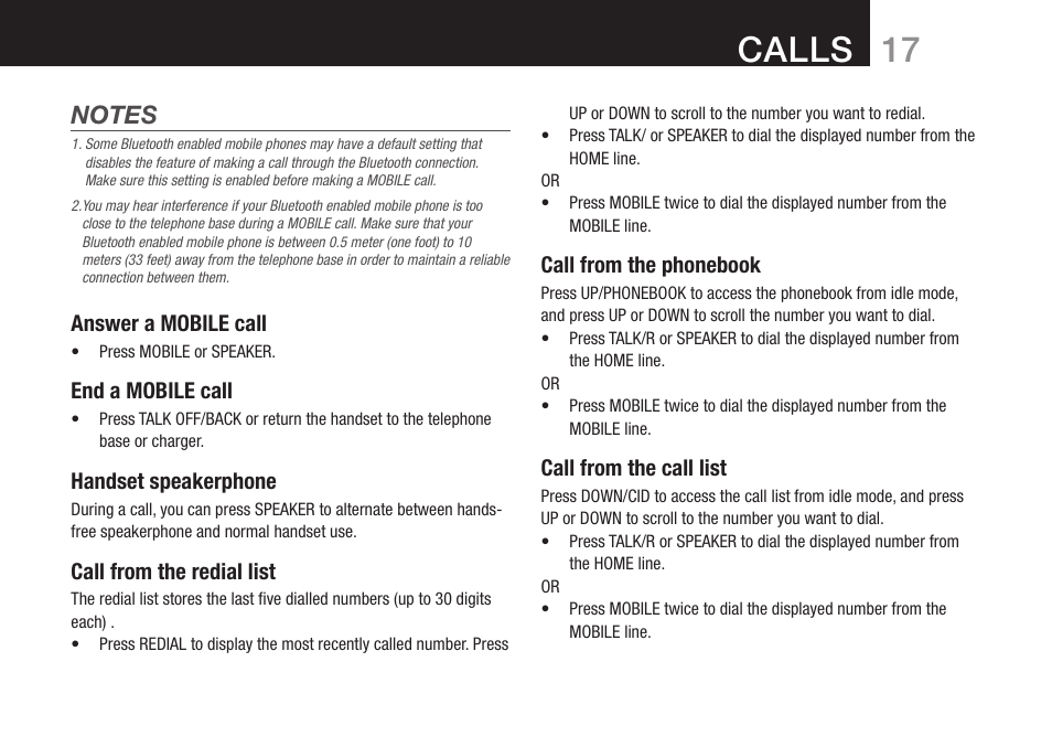 Calls, Answer a mobile call, End a mobile call | Handset speakerphone, Call from the redial list, Call from the phonebook, Call from the call list | Oricom DECT BT9500 User Manual | Page 19 / 44