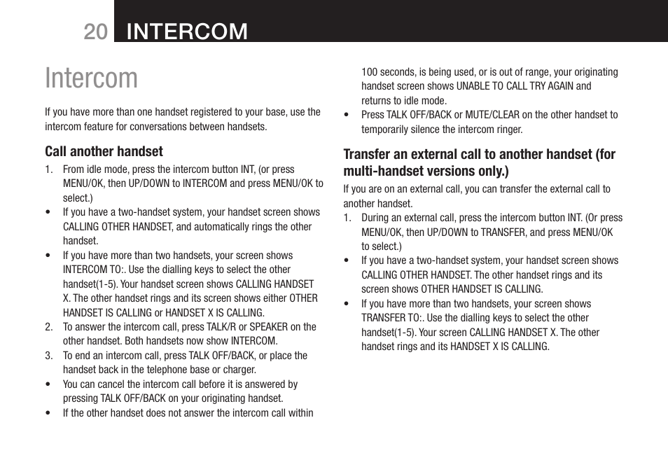 Intercom | Oricom DECT BT9500 User Manual | Page 22 / 44