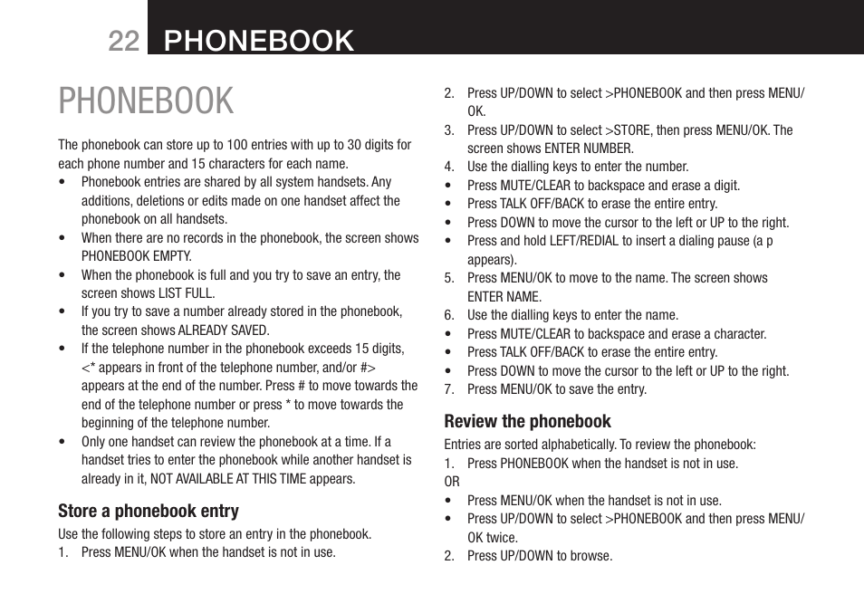 Phonebook | Oricom DECT BT9500 User Manual | Page 24 / 44