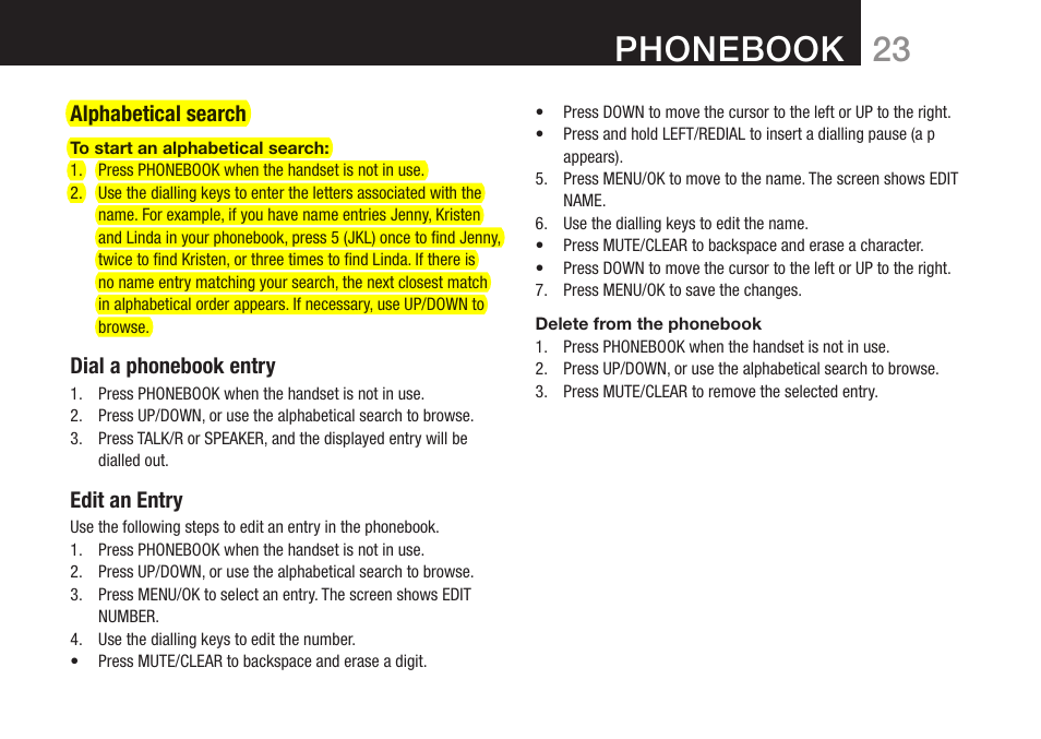 Phonebook | Oricom DECT BT9500 User Manual | Page 25 / 44