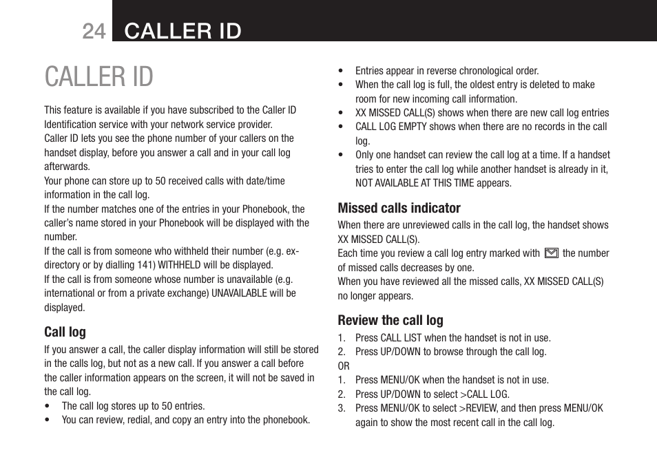 Caller id | Oricom DECT BT9500 User Manual | Page 26 / 44