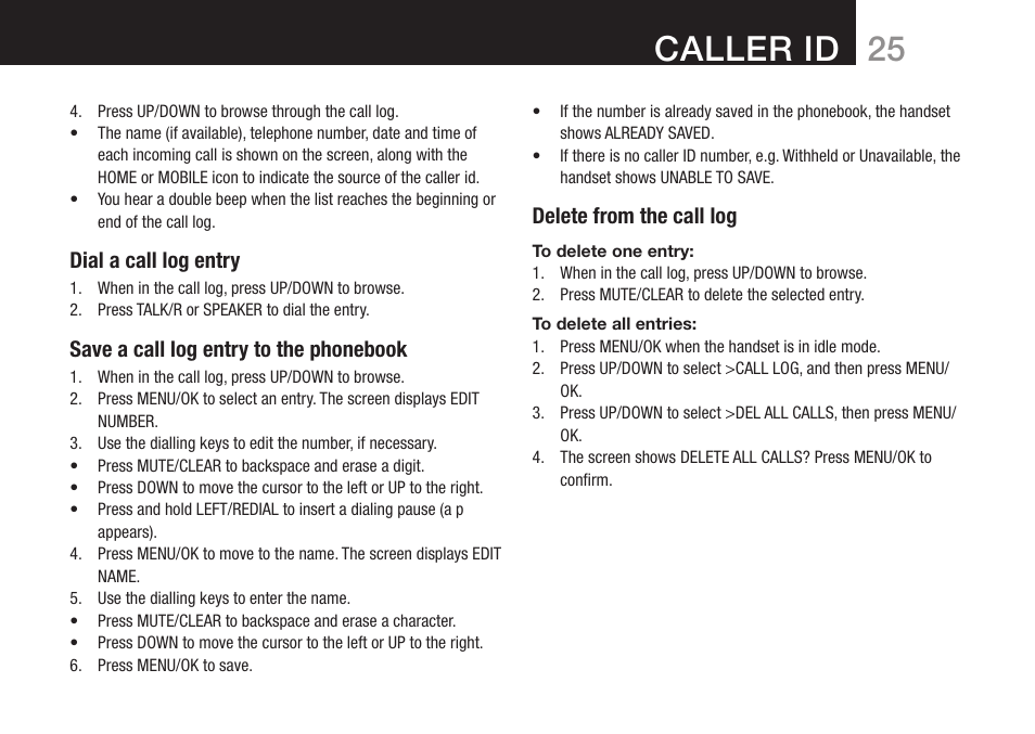 Caller id | Oricom DECT BT9500 User Manual | Page 27 / 44