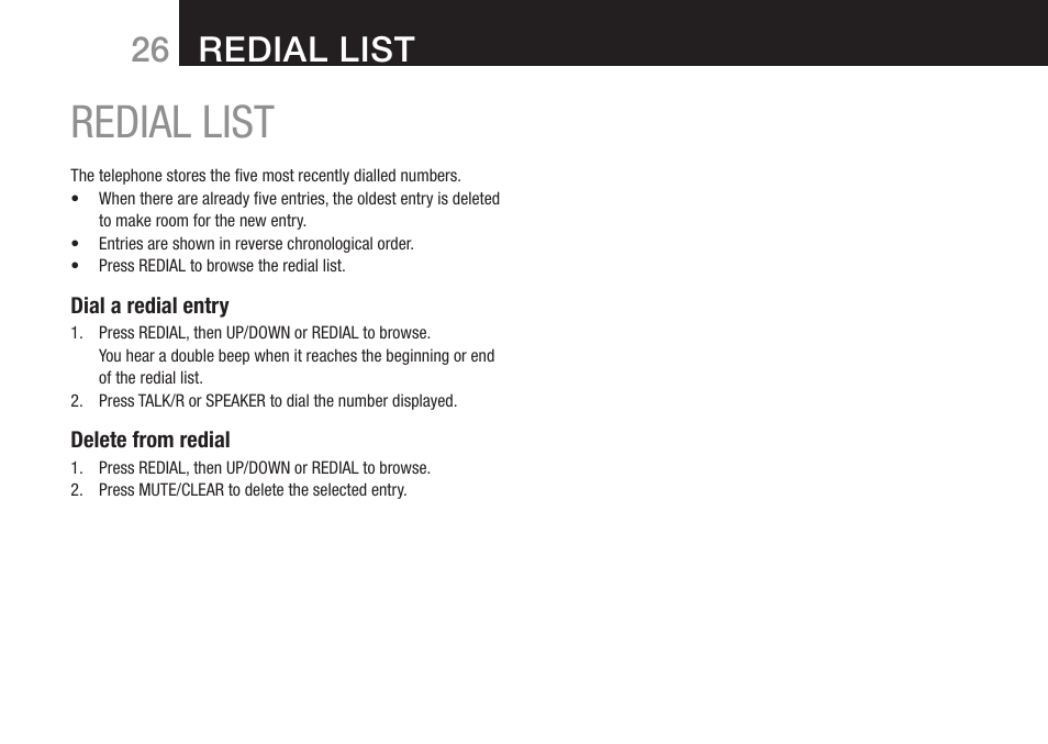 Redial list | Oricom DECT BT9500 User Manual | Page 28 / 44