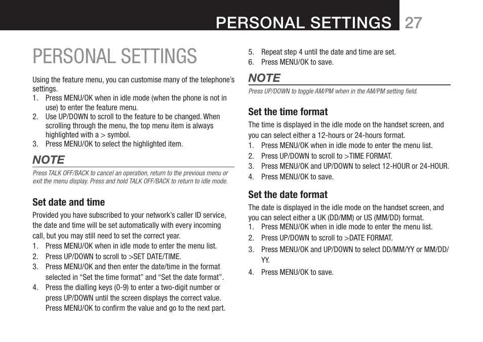 Personal settings | Oricom DECT BT9500 User Manual | Page 29 / 44