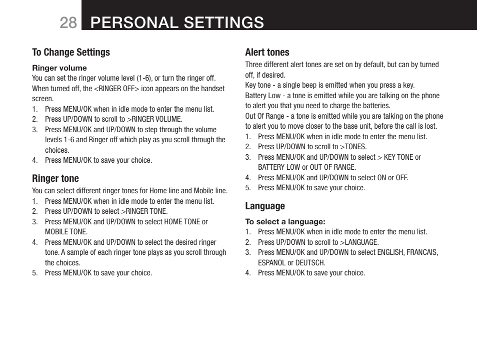 Personal settings | Oricom DECT BT9500 User Manual | Page 30 / 44