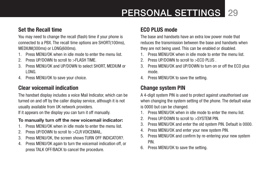 Personal settings | Oricom DECT BT9500 User Manual | Page 31 / 44