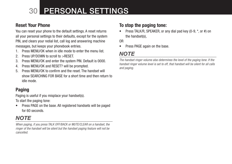 Personal settings | Oricom DECT BT9500 User Manual | Page 32 / 44