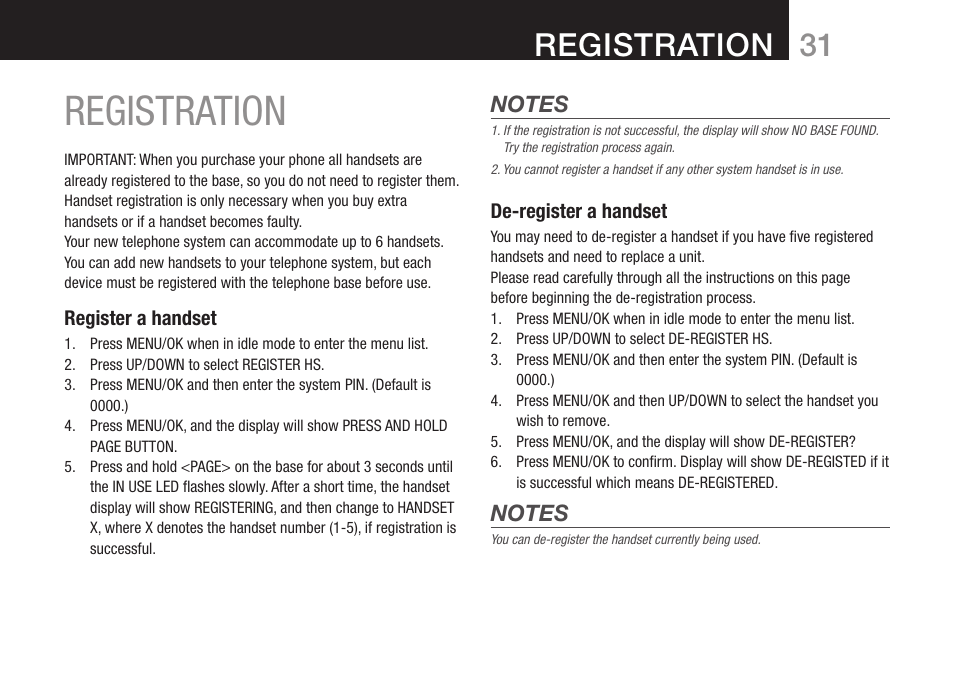 Registration | Oricom DECT BT9500 User Manual | Page 33 / 44