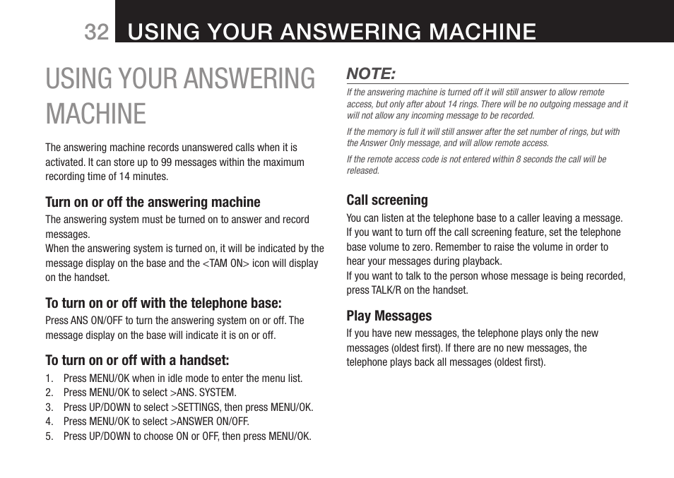 Using your answering machine | Oricom DECT BT9500 User Manual | Page 34 / 44