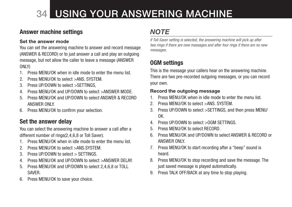 Using your answering machine | Oricom DECT BT9500 User Manual | Page 36 / 44