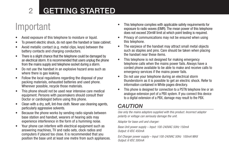 Important, Getting started, Caution | Oricom DECT BT9500 User Manual | Page 4 / 44