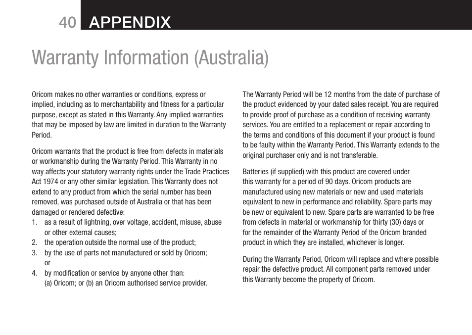 Warranty information (australia), Appendix | Oricom DECT BT9500 User Manual | Page 42 / 44