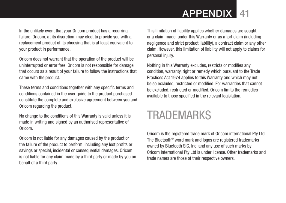 Trademarks, Appendix | Oricom DECT BT9500 User Manual | Page 43 / 44