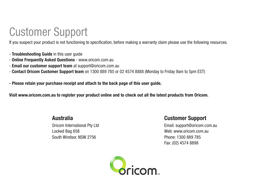 Customer support | Oricom DECT BT9500 User Manual | Page 44 / 44