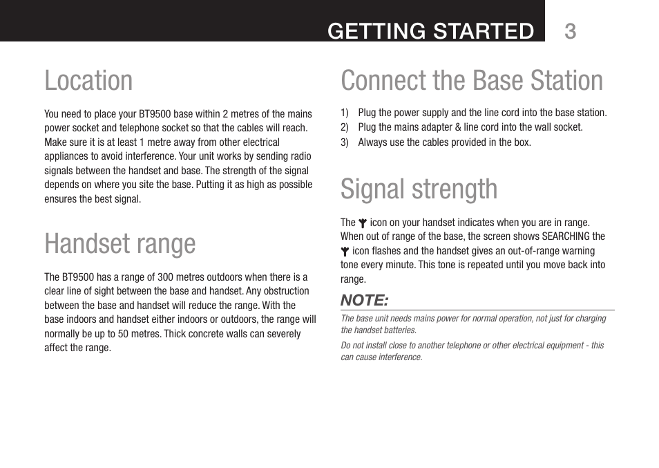 Location, Handset range, Connect the base station | Signal strength, 3getting started | Oricom DECT BT9500 User Manual | Page 5 / 44