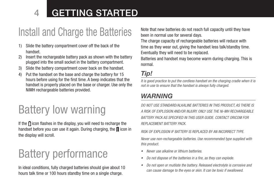 Install and charge the batteries, Battery low warning, Battery performance | Getting started | Oricom DECT BT9500 User Manual | Page 6 / 44